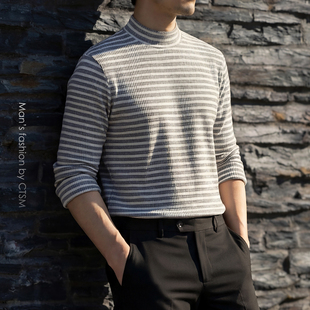 条纹中半高领长袖 日式 T恤加厚打底衫 仿毛衣款 上衣 秋冬季 男装 男士