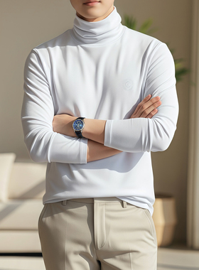 秋冬男士莫代尔高领长袖T恤男白色保暖堆堆领打底衫2025新款男装