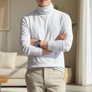 男装 秋冬男士 2025新款 T恤男白色保暖堆堆领打底衫 莫代尔高领长袖