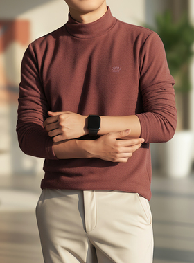 2025新款男士半高领长袖T恤德绒保暖打底衫简约休闲风双面绒体恤