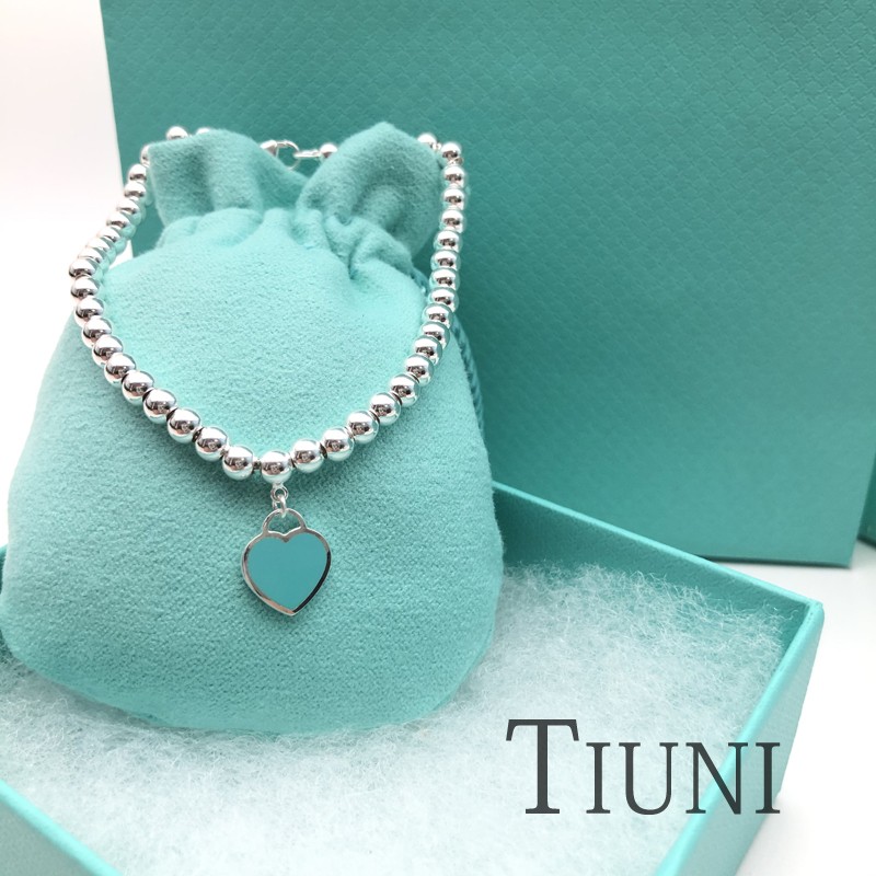 蒂优妮925纯银心形手链t家同款珐琅蓝色爱心圆珠佛珠手链网红礼物