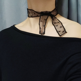 复古港风黑色爱心点点短款黑色小丝巾女2026年新款围脖长条发饰