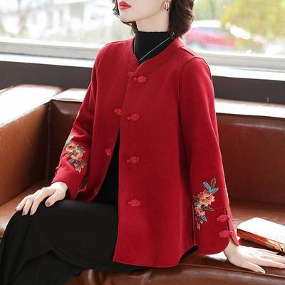 妈妈洋气毛呢外套中年女装春装结婚礼服中老年人春秋婆婆婚宴红色