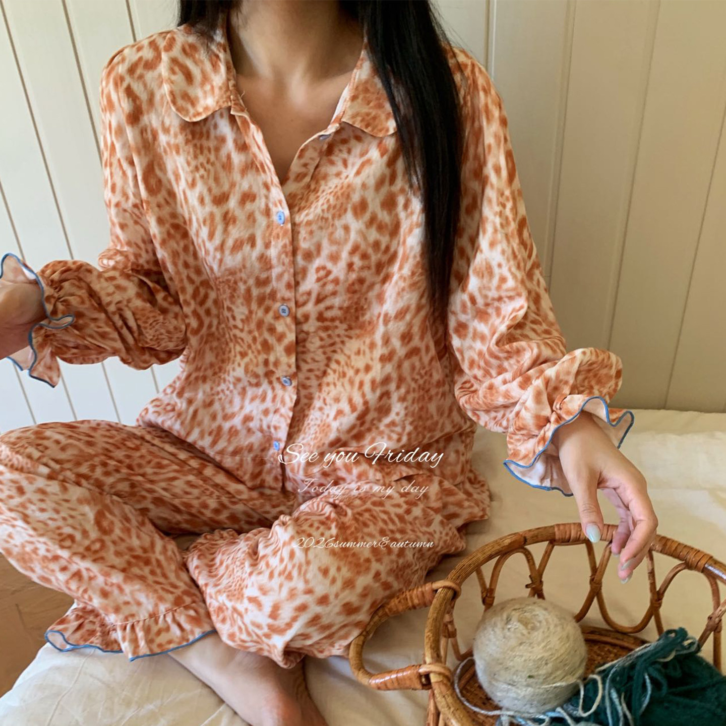 甜酷复古豹纹双层棉纱女睡衣套装