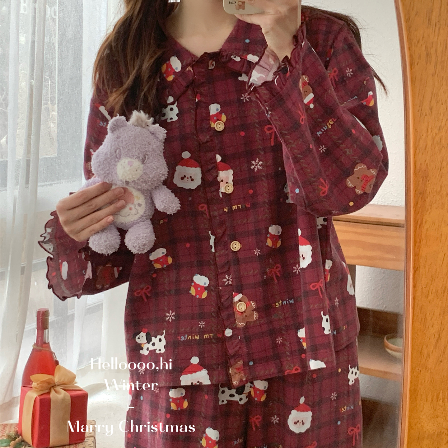 纯棉磨毛圣诞女家居服秋冬季套装