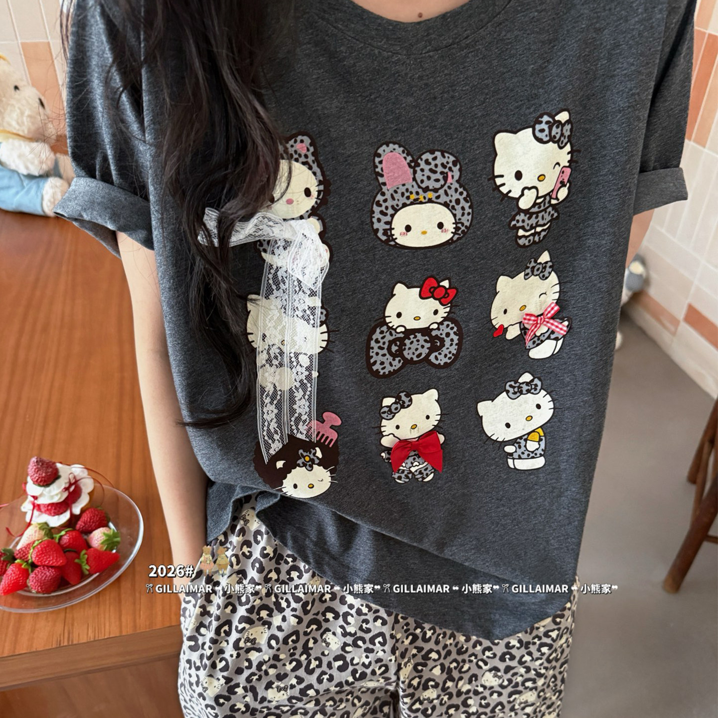 Gill Aimar小熊家短袖长裤家居服春夏圆领卡通kitty豹纹睡衣女薄