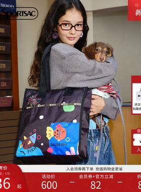 LeSportsac乐播诗2025新款逗鸭系列黑色动物印花拉链单肩包托特包