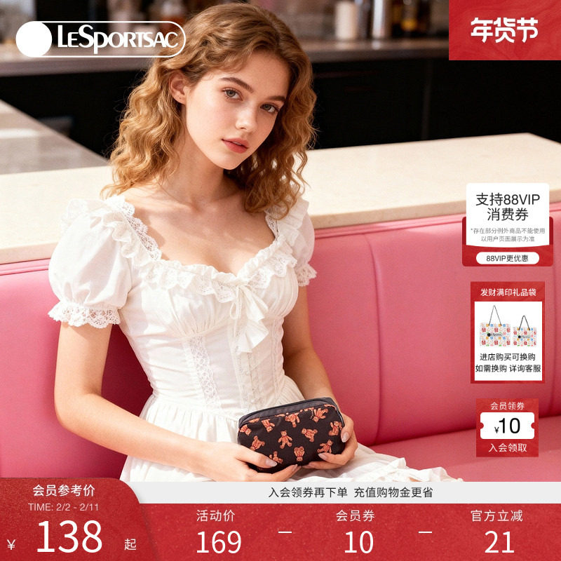 LeSportsac乐播诗秋冬新款经典系列咖色满印泰迪熊手机包女手拿包