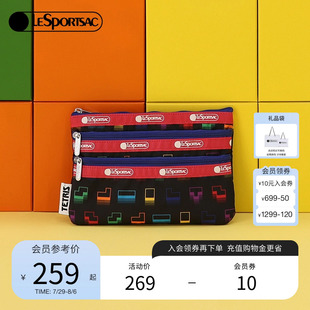 Tetris联名系列黑色彩格多隔层零钱包手拿包 LeSportsac乐播诗新款