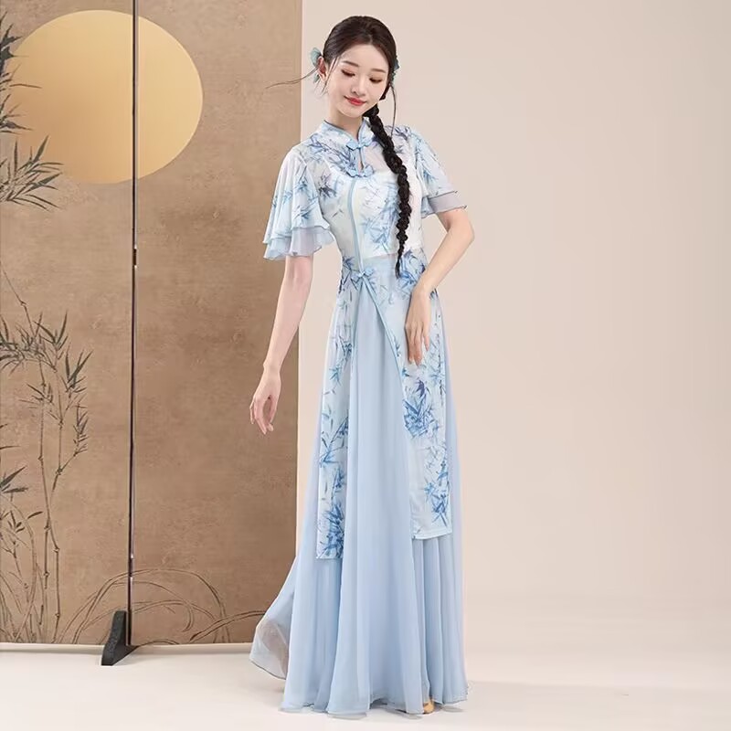 新款古典舞演出服女蓝色印花飘逸旗袍纱衣中式练功服舞台表演服装