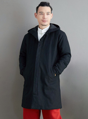 中国风男士棉衣冬加厚连帽夹棉棉服外套盘扣苎麻中长款棉大衣保暖