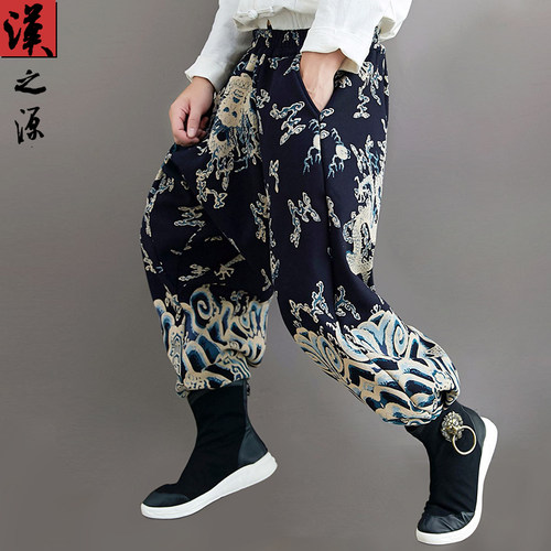 棉麻龙纹印花加厚加绒低裆休闲裤