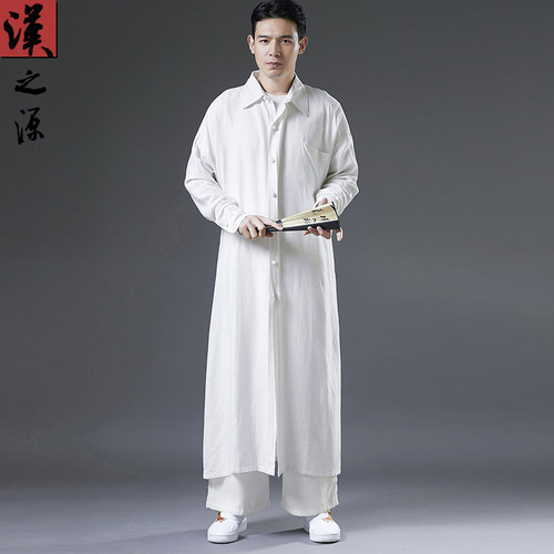 中长款春季方领棉麻复古男士衬衫