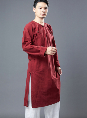中国风中长款圆领斜襟汉服铜扣复古男装苎麻长衫亚麻禅意茶服上衣