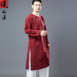 中国风中长款圆领斜襟汉服铜扣复古男装苎麻长衫亚麻禅意茶服上衣
