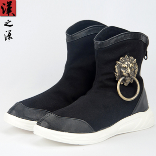 官靴秋冬中筒男靴帆布古风马丁靴潮鞋 中国风狮子头高帮鞋 复古中式