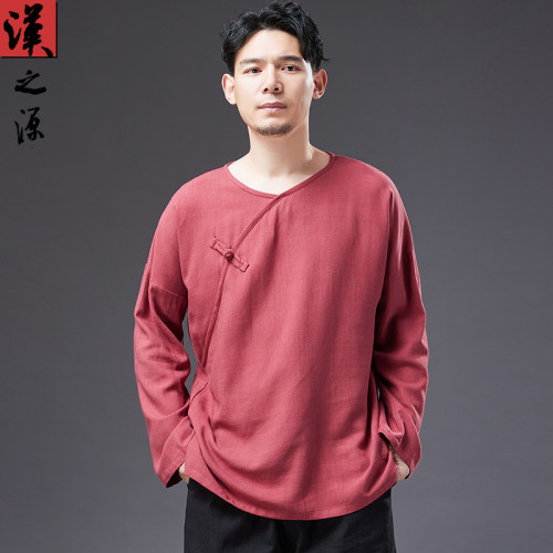 棉麻t恤长袖夏季薄款打底衫圆领复古斜襟改良汉服上衣中国风体恤