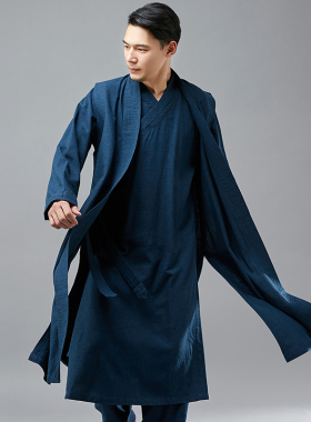 中国风无袖坎肩中长款马甲风衣外套复古棉麻道袍披风中式汉服男装