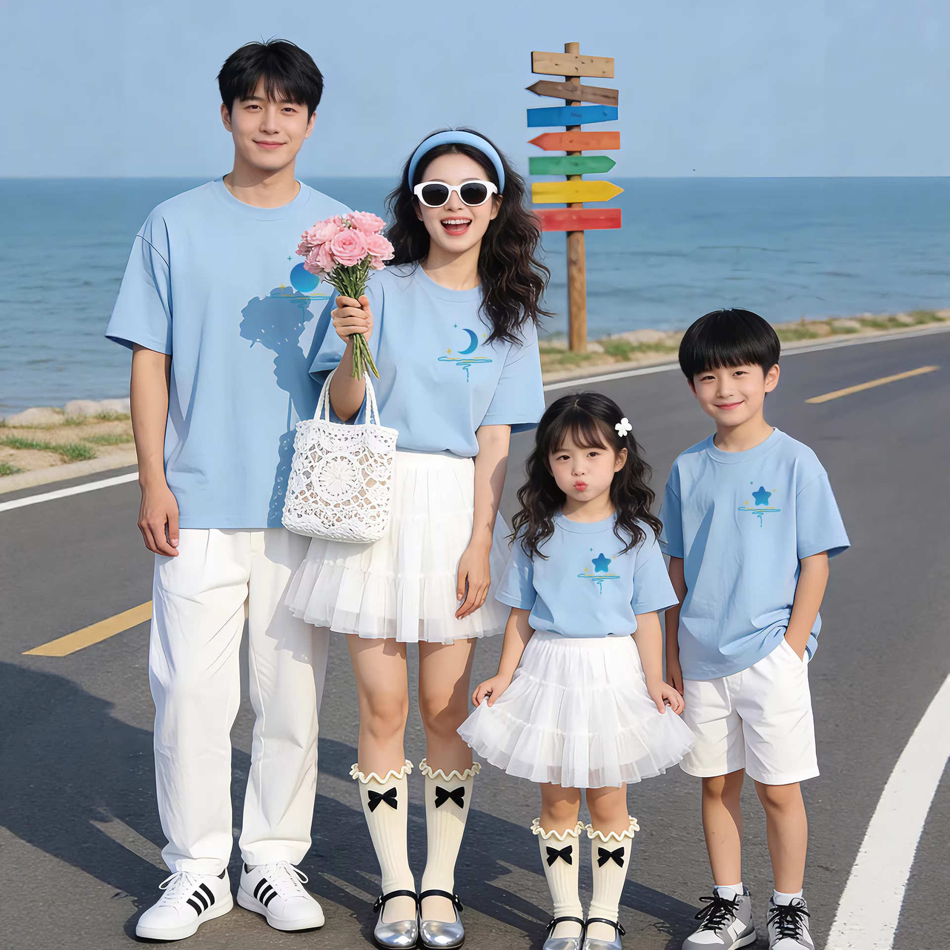 炸街母子母女短袖夏装亲子装一家三口全家装幼儿园班服短袖T恤