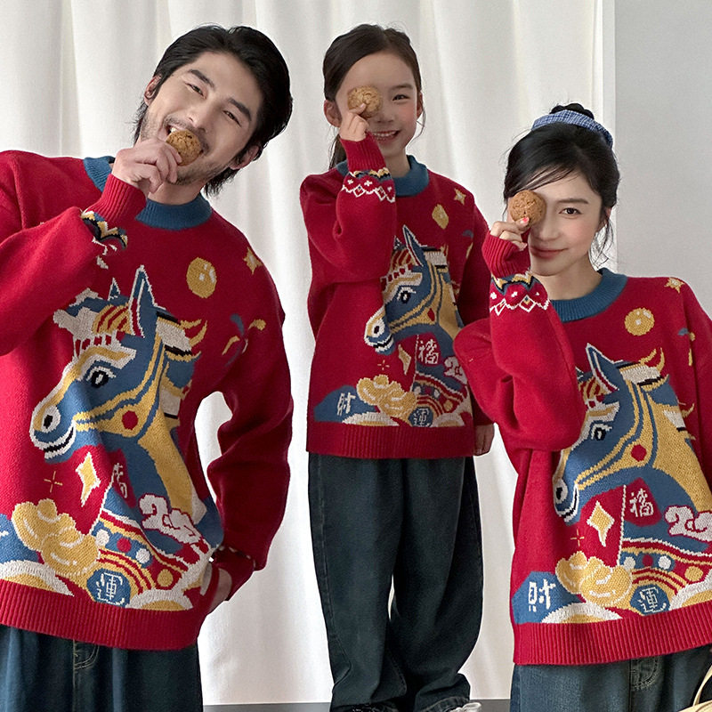 马年亲子装一家三口四口2026新款冬季红色毛衣针织衫拜年服母女装