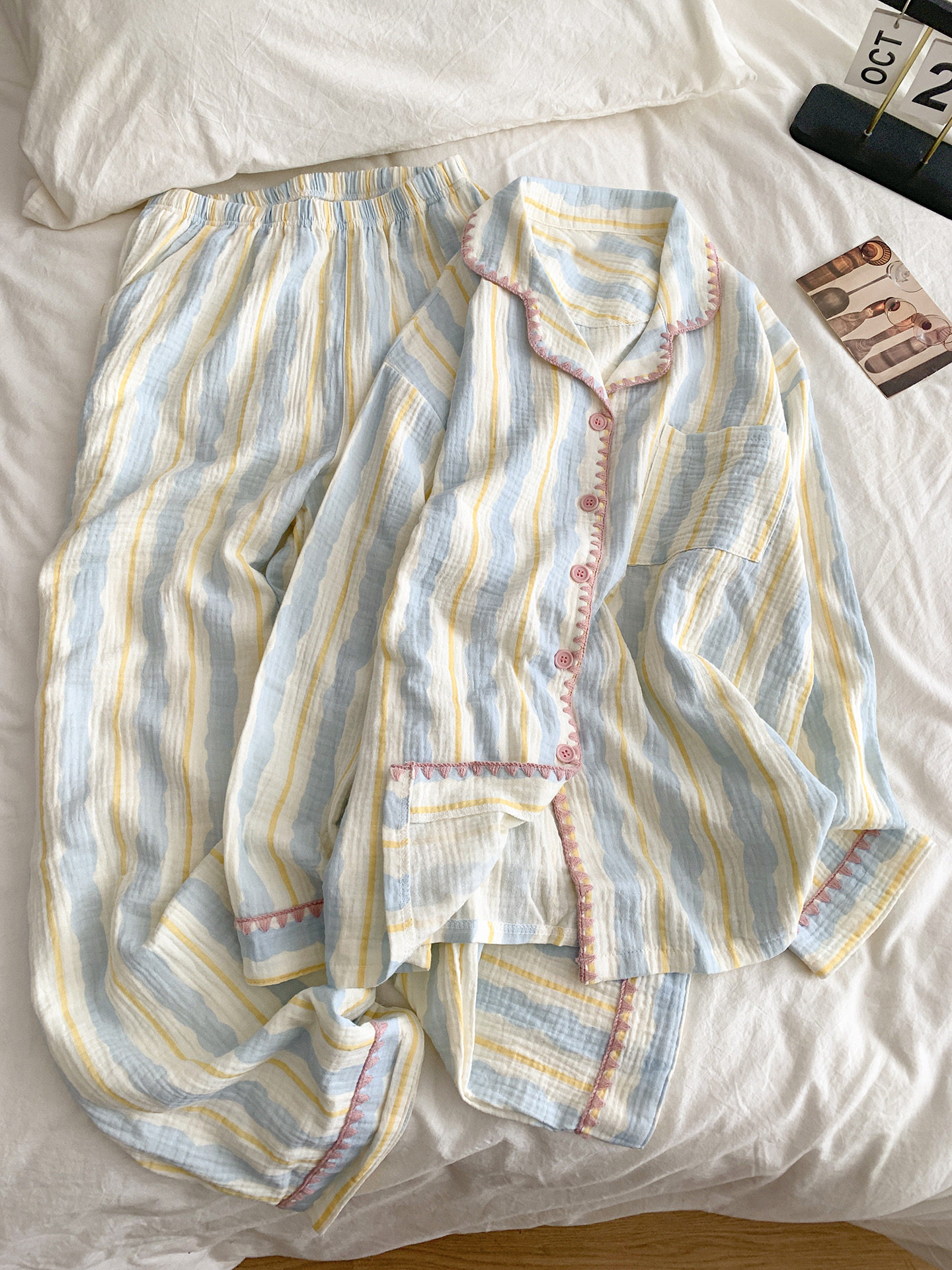 双层纱条纹开衫少女睡衣套装