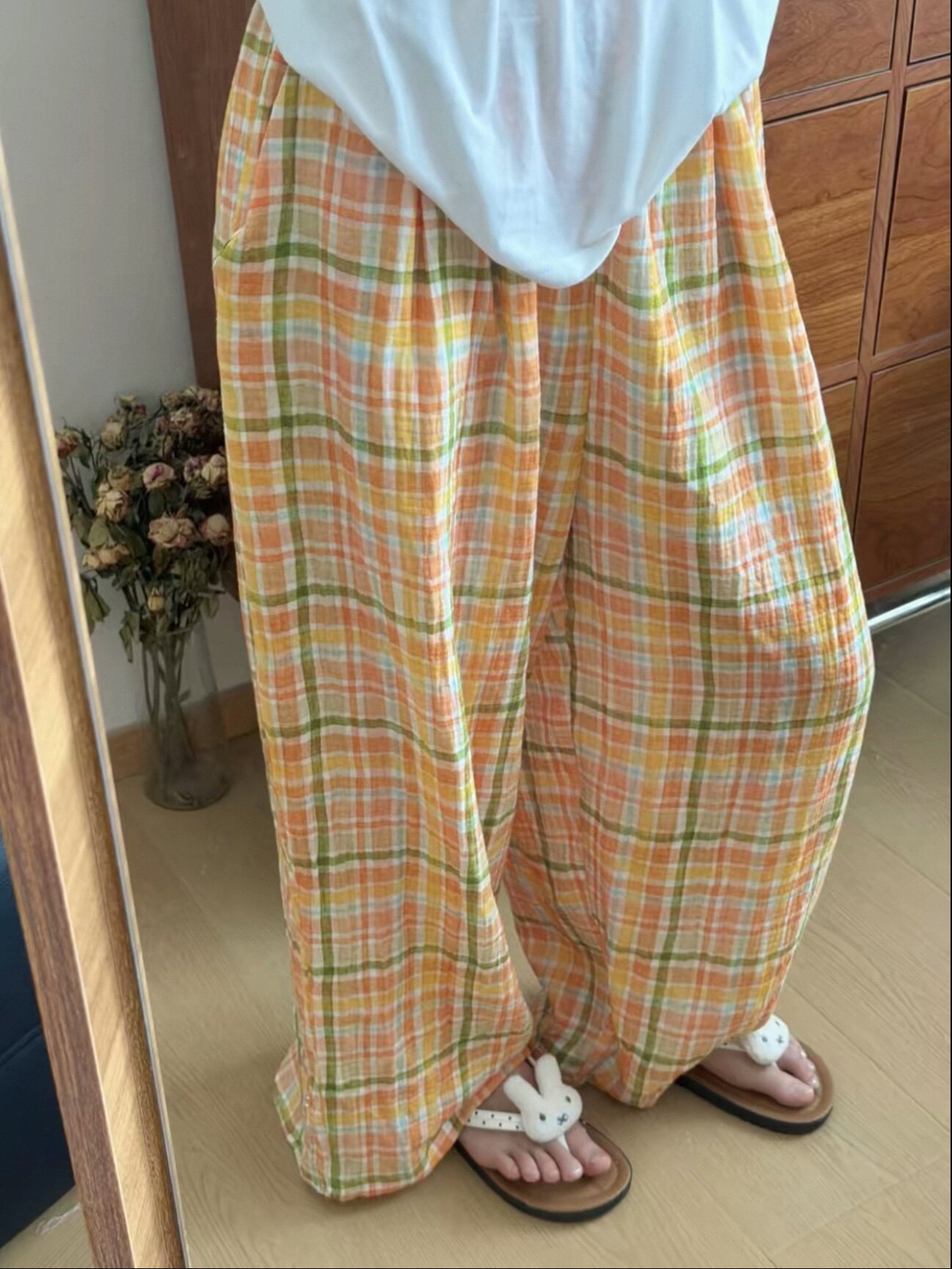 夏季韩系复古格子条纹家居裤女