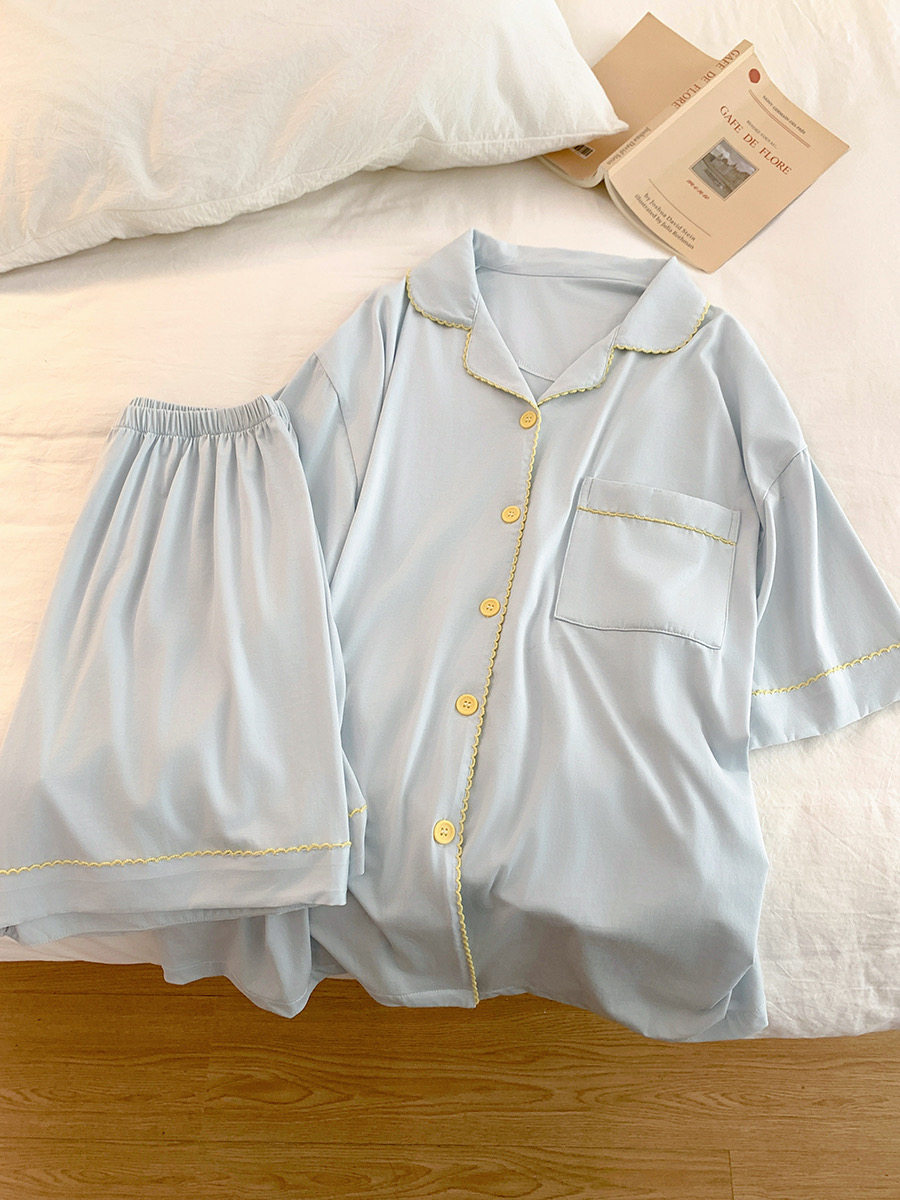 ins纯色波浪花边睡衣女夏季纯棉短袖开衫翻领宽松家居服套装多色