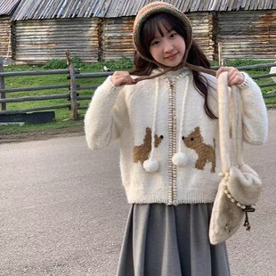 可爱小狗毛衣外套女秋冬2025新款 韩版 宽松短款 慵懒风连帽针织开衫