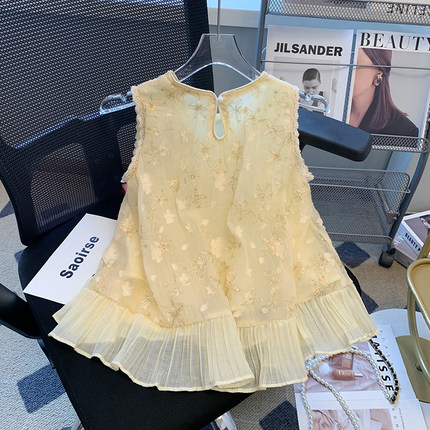 新款立体刺绣背心女夏季法式下摆拼接蕾丝设计感小众无袖上衣女装