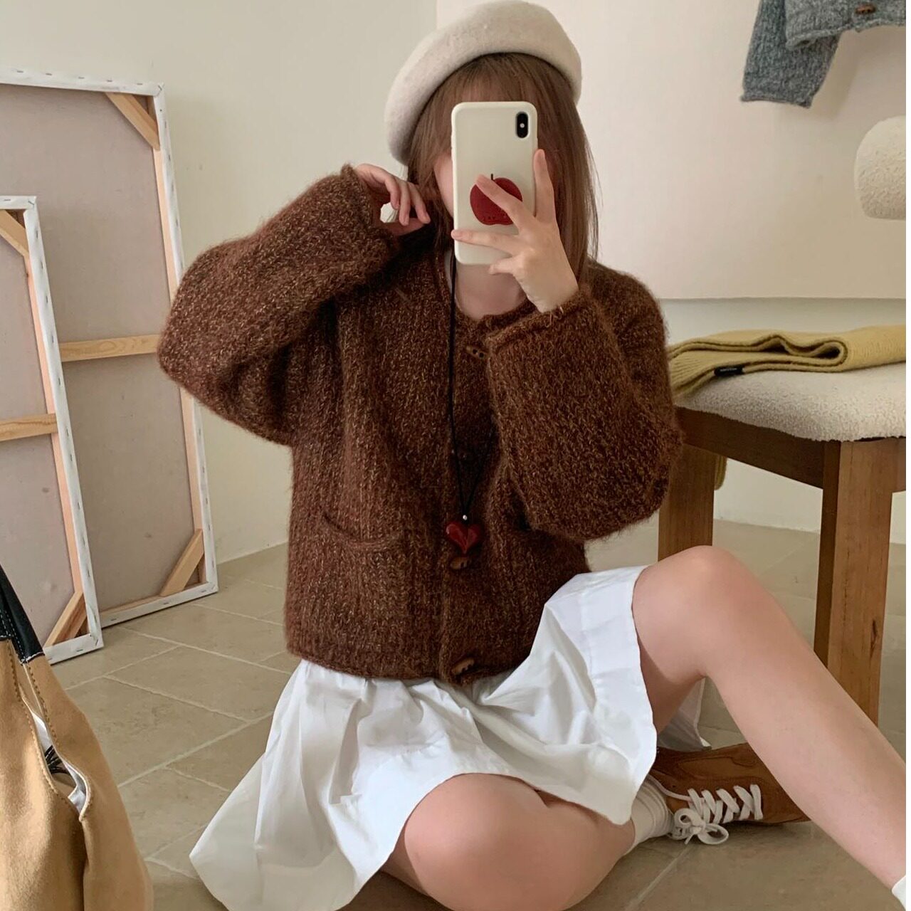 韩系牛角扣卷边开衫毛衣女2026秋冬新款宽松慵懒针织衫法式温柔