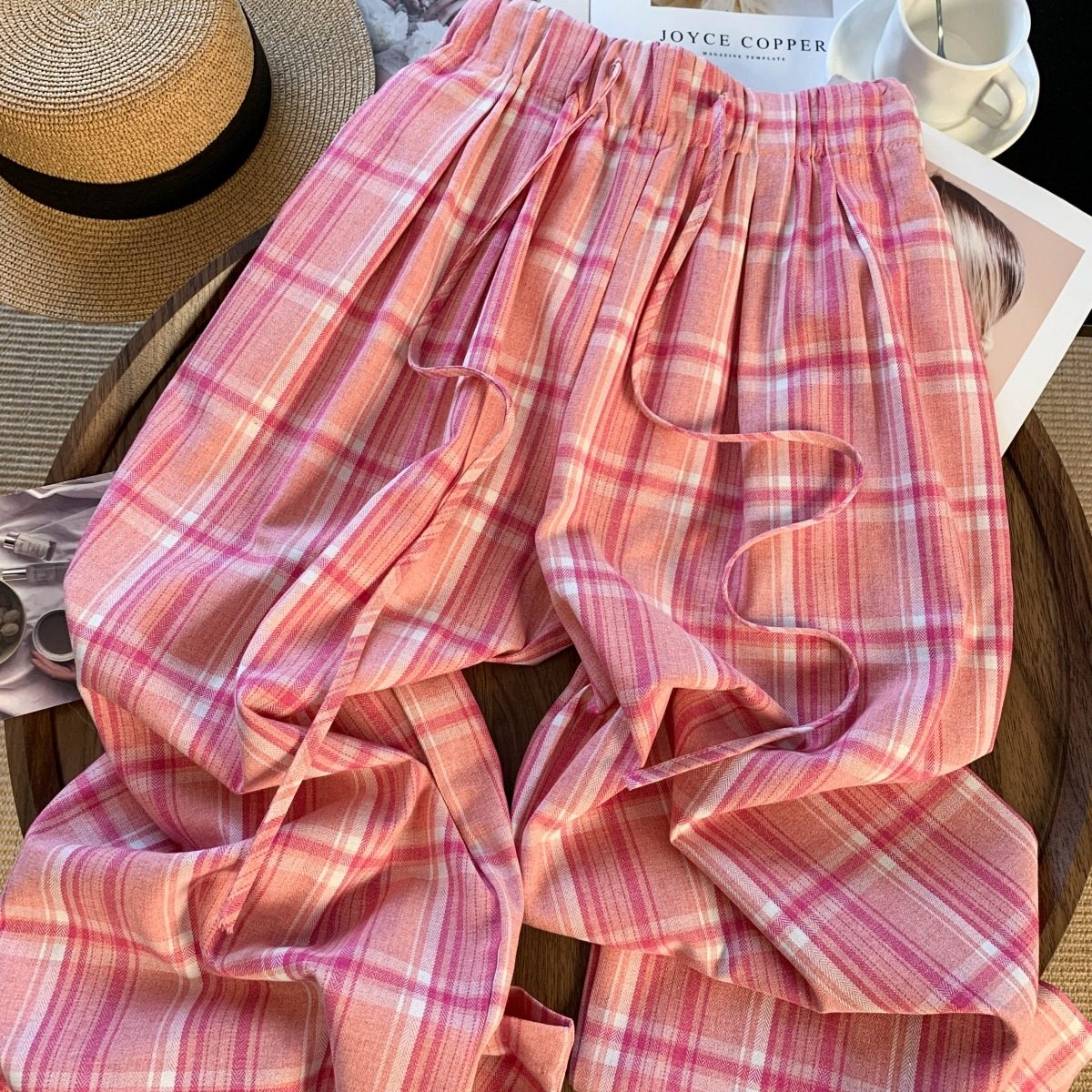 粉色格子休闲裤女2026春夏新款韩版高腰宽松垂感慵懒小个子阔腿裤,女装/女士精品,休闲裤,淘宝优惠券,粉丝福利购,淘宝优惠卷