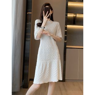 娃娃减龄肌理感连衣裙 新款 重工提花褶皱格子短袖 荷叶摆针织裙夏季