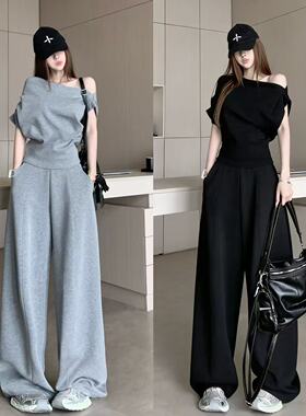 韩系灰色休闲套装女2026春夏新款设计感时尚露肩上衣+休闲阔腿裤