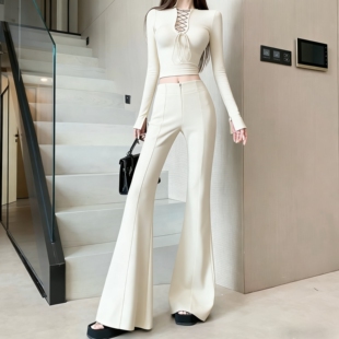 黑色弹力喇叭休闲裤 2026设计感立体剪裁显瘦显腿长拖地微喇裤