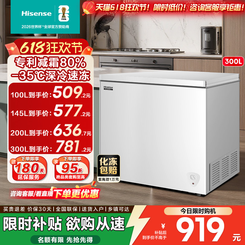 海信300升家用单温全冷冻卧式冰柜大容量节能减霜商用冷柜