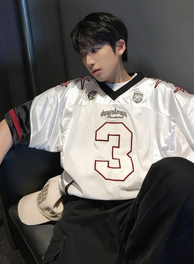 Lartigent撞色拼接网眼韩国小众潮牌宽松嘻哈短袖球衣t恤上衣男女