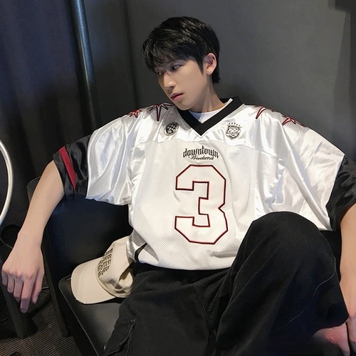 Lartigent撞色拼接网眼韩国小众潮牌宽松嘻哈短袖球衣t恤上衣男女