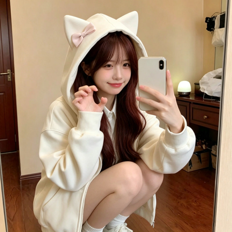 韩系奶白色猫耳朵蝴蝶结连帽卫衣女秋季甜妹拉链开衫宽松软妹外套