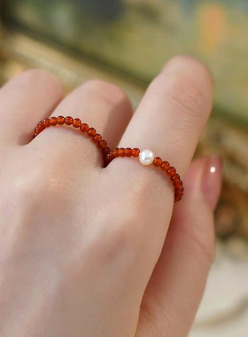 天然南红玛瑙珍珠戒指叠戴素圈高级小众本命年转运食指戒闺蜜指环