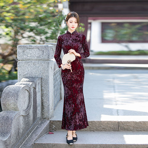 韩系紫红色丝绒国风新中式苏州长袖秋季改良旗袍女妈妈礼服秋冬