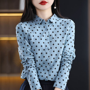 衬衣上衣外套女 春秋季 新款 纯棉波点针织高档衬衫 polo领百搭时尚