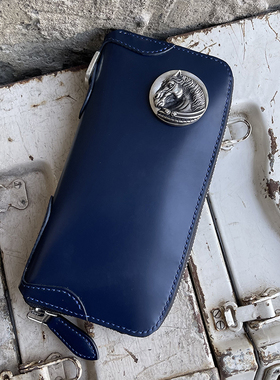 渡鸦&金造联名款 机车钱夹手拿包骚蓝色马臀皮长财布多卡位拉链包