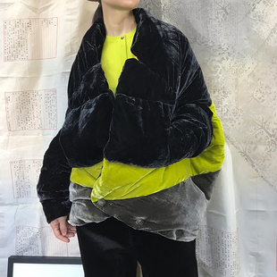 原创冬加厚三色拼接长丝绒上下穿宽松解构个性一手长羽绒服面包服