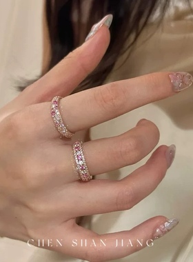 「嗔三酱」百搭精致中古风粉钻排戒满指女小众轻奢开口叠戴戒指女