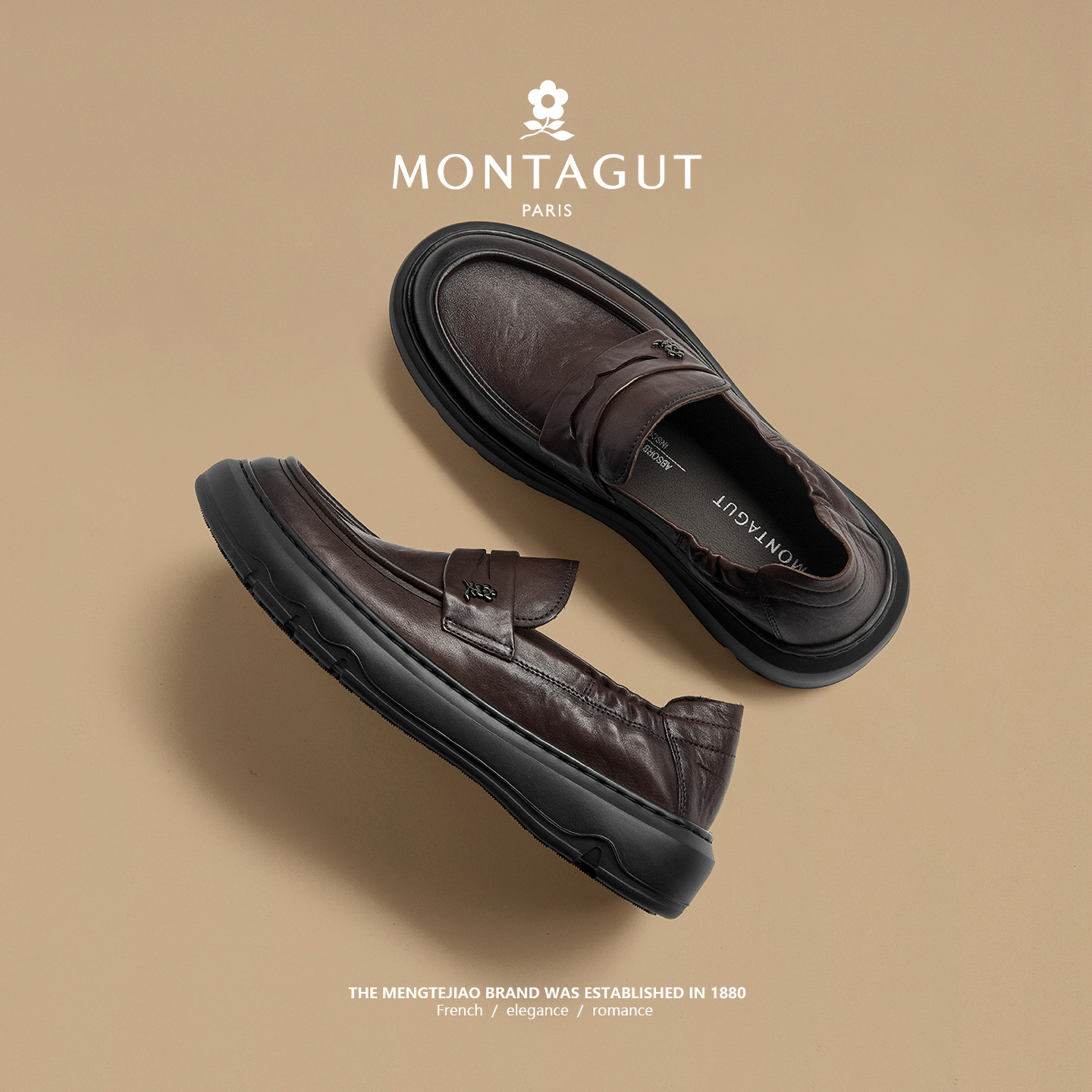 梦特娇冬季名牌男鞋一脚蹬套脚牛皮奢侈开车棕色乐福商务德比皮鞋