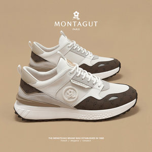 梦特娇男鞋春季2026新款网面厚底真皮印花透气跑步夏季休闲运动鞋