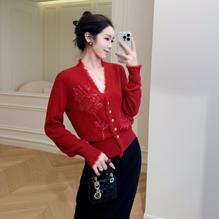修饰短款 嫚渡 100%山羊绒开衫 重工绣花亮片V领长袖 纯色针织羊绒衫