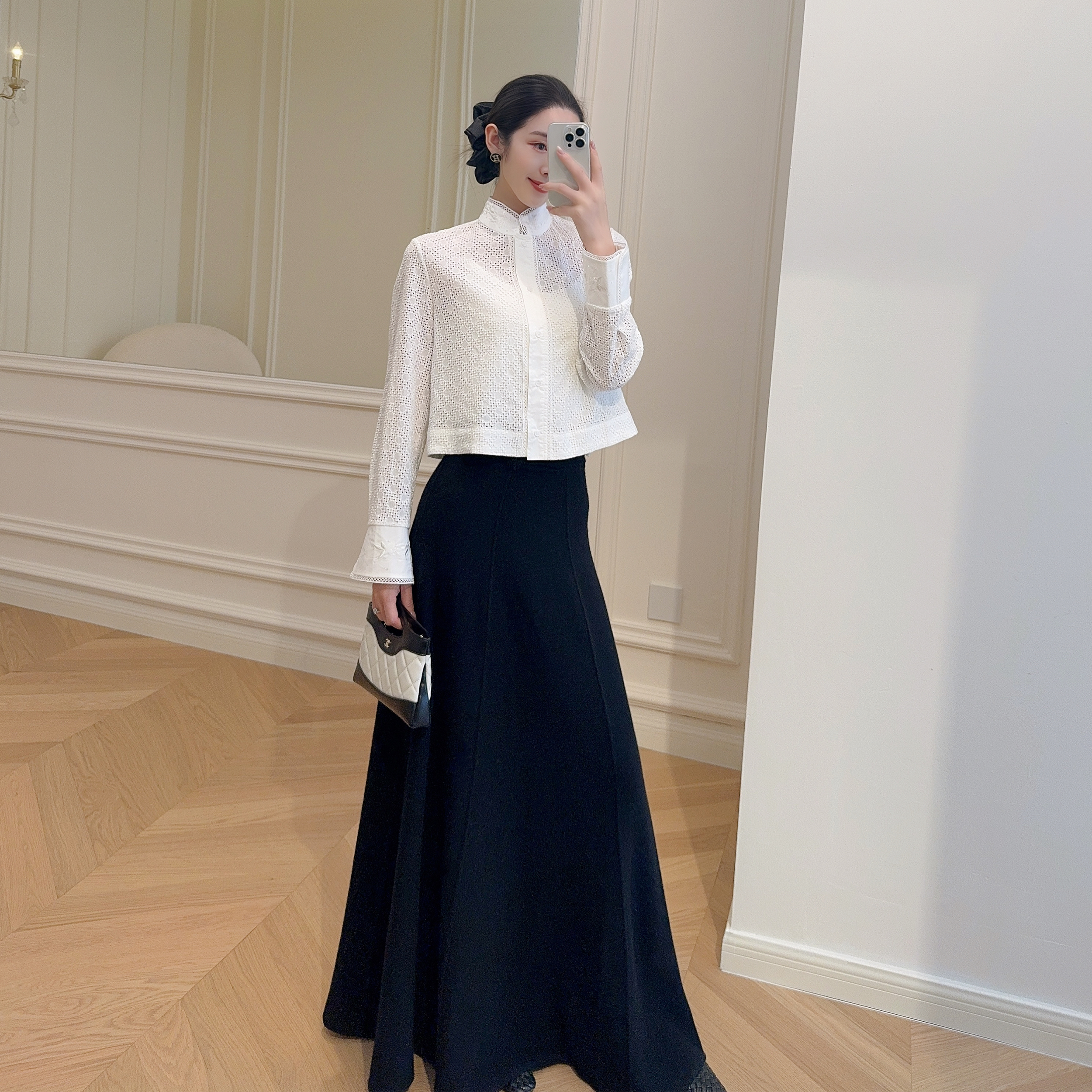 嫚渡|2025新中式刺绣镂空设计感衬衫白色高定立领长袖纯棉上衣