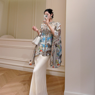 真丝印花衬衫 嫚渡100%桑蚕丝波西米亚度假风立领腰带中长款 蝙蝠袖