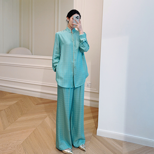 新中式 青釉色国风套装 立领长袖 高腰拉链阔腿休闲裤 衬衫 嫚渡
